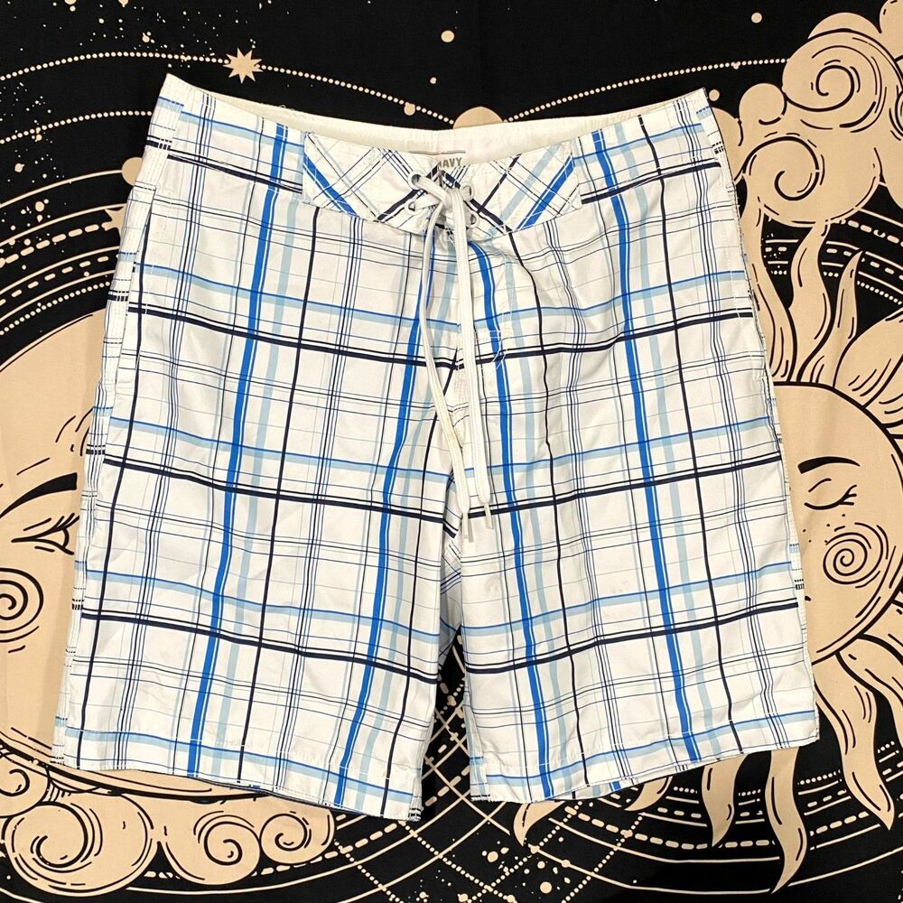 Old Navy Board Shorts Men's M White Plaid Casual Swimwear Surfing Beach Summer